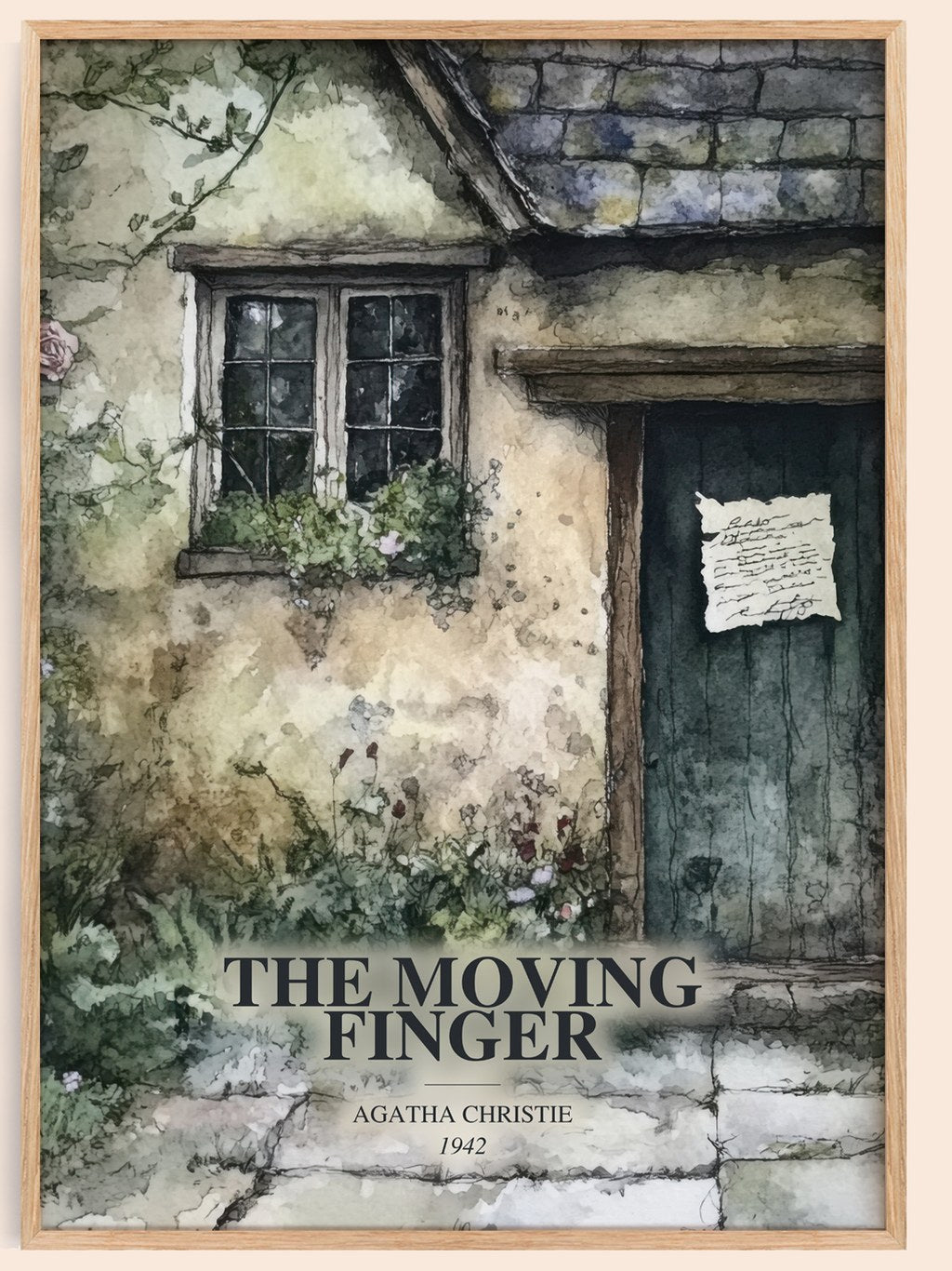 The Moving Finger watercolour book poster by Agatha Christie – framed literary art print