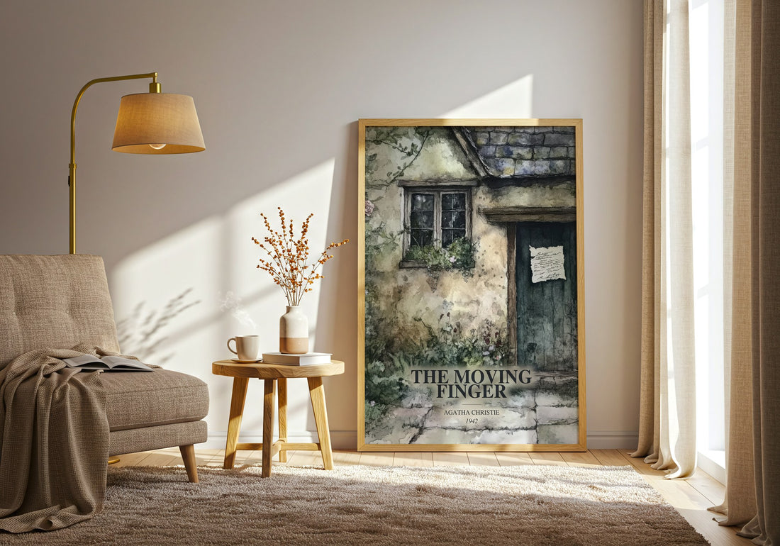 The Moving Finger watercolour print in frame leaning in hallway – mystery wall art (mockup)
