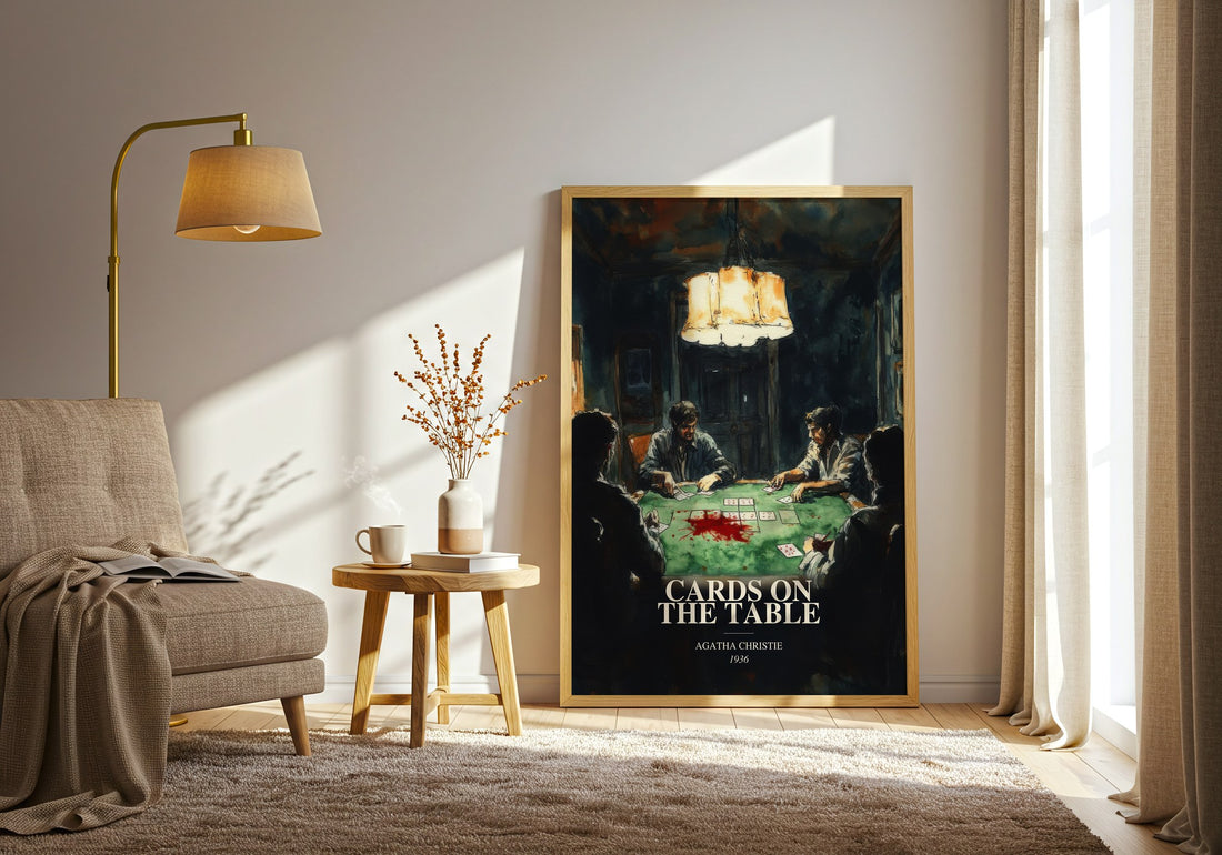 Cards On The Table watercolour print in frame leaning in hallway – mystery wall art (mockup)