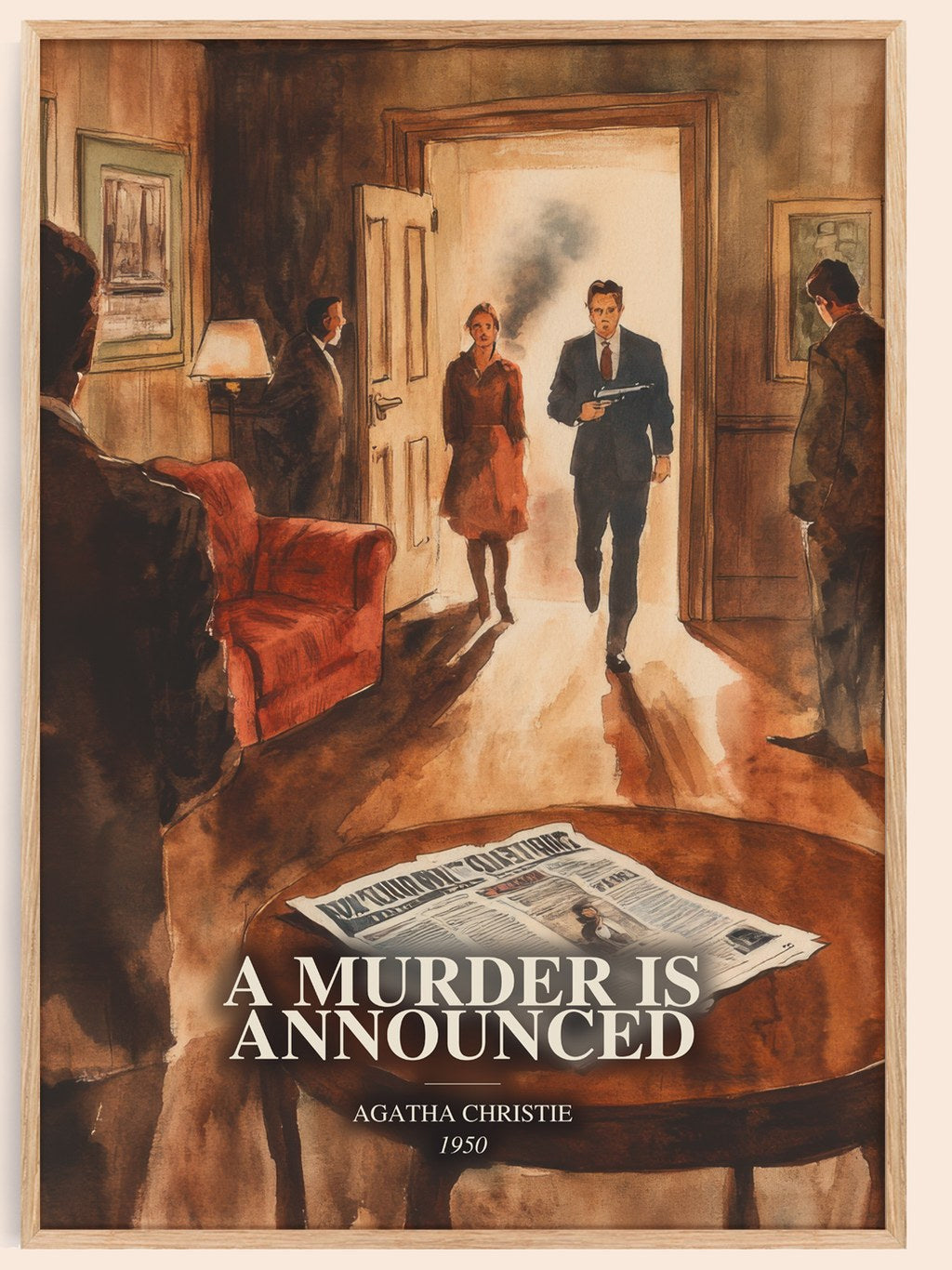 A Murder Is Announced watercolour book poster by Agatha Christie – framed literary art print