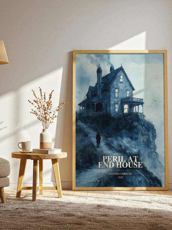 Peril At End House watercolour print in frame leaning in hallway – mystery wall art
