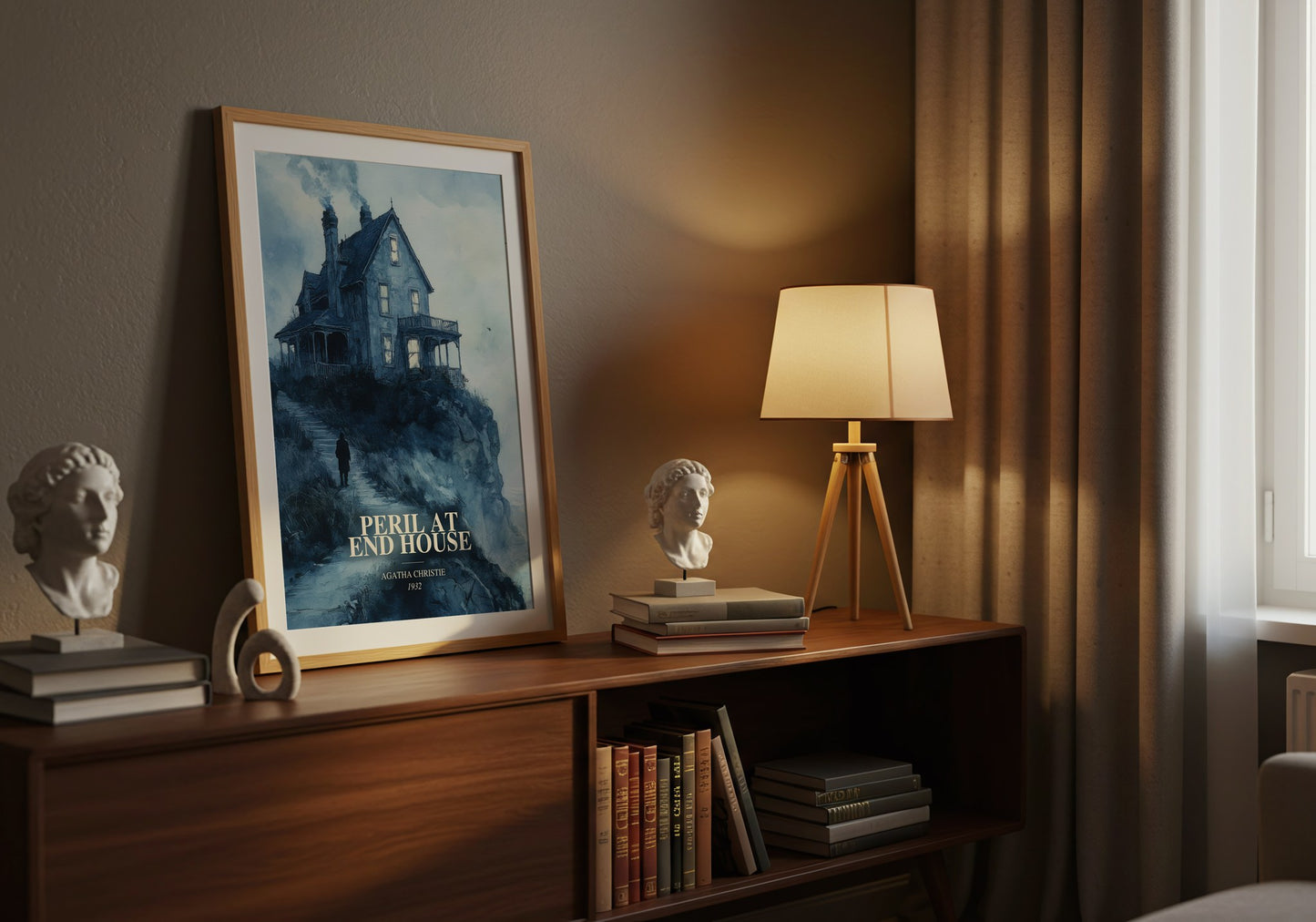 Peril At End House watercolour print on bookshelf – Agatha Christie fan gift
