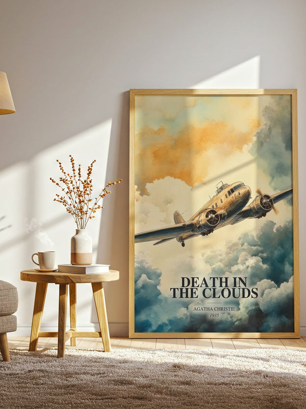 Death In The Clouds watercolour print in frame leaning in hallway – mystery wall art