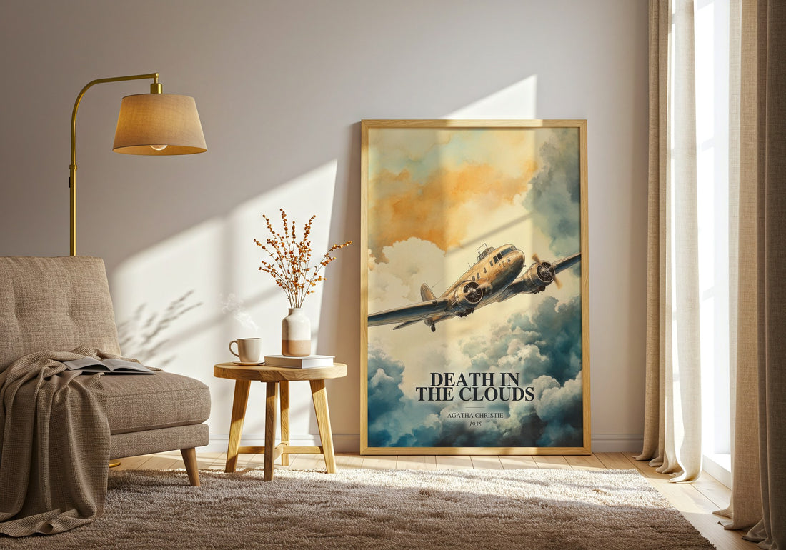 Death In The Clouds watercolour print in frame leaning in hallway – mystery wall art (mockup)