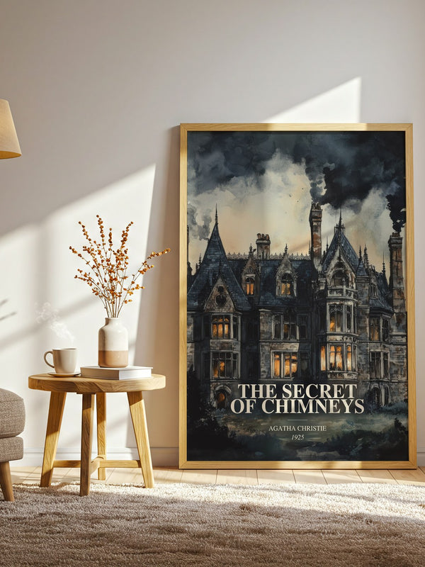 The Secret Of Chimneys watercolour print in frame leaning in hallway – mystery wall art