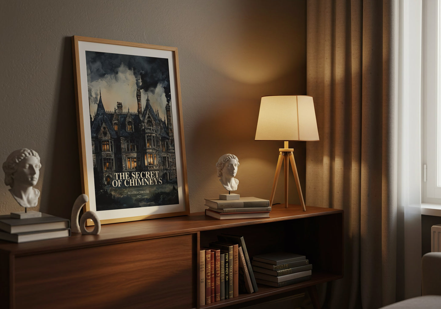 The Secret Of Chimneys watercolour print on bookshelf – Agatha Christie fan gift