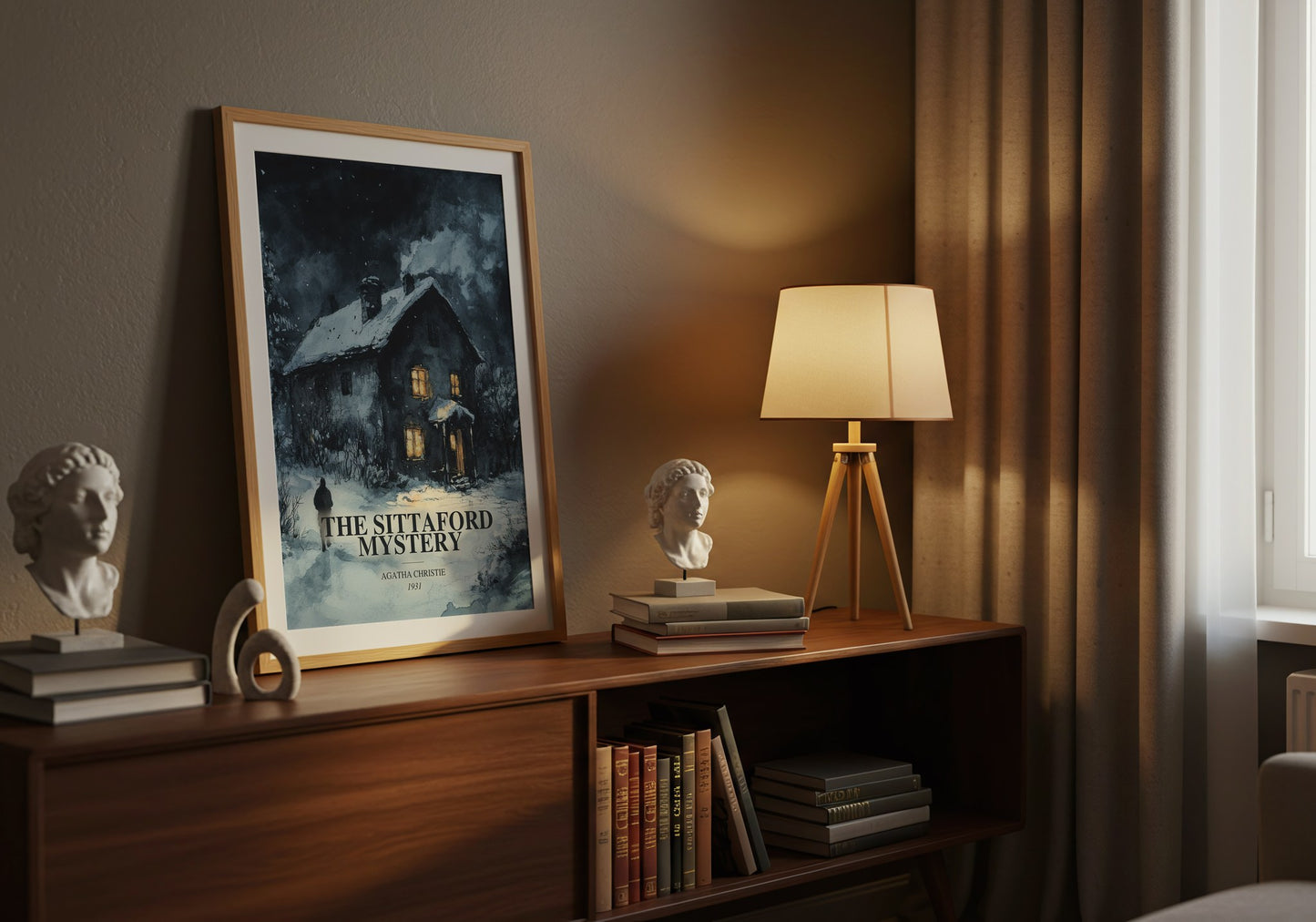 The Sittaford Mystery watercolour print on bookshelf – Agatha Christie fan gift