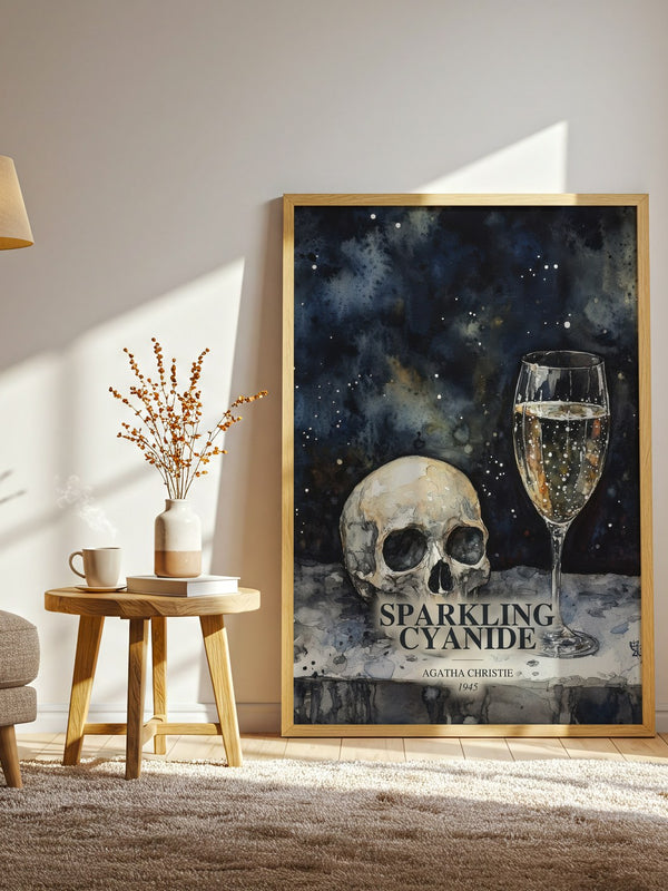 Sparkling Cyanide watercolour print in frame leaning in hallway – mystery wall art