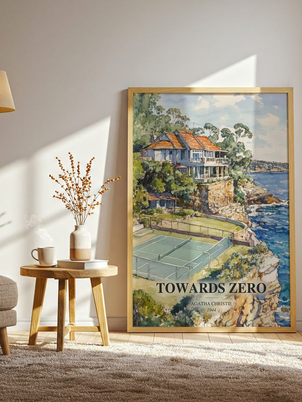 Towards Zero watercolour print in frame leaning in hallway – mystery wall art