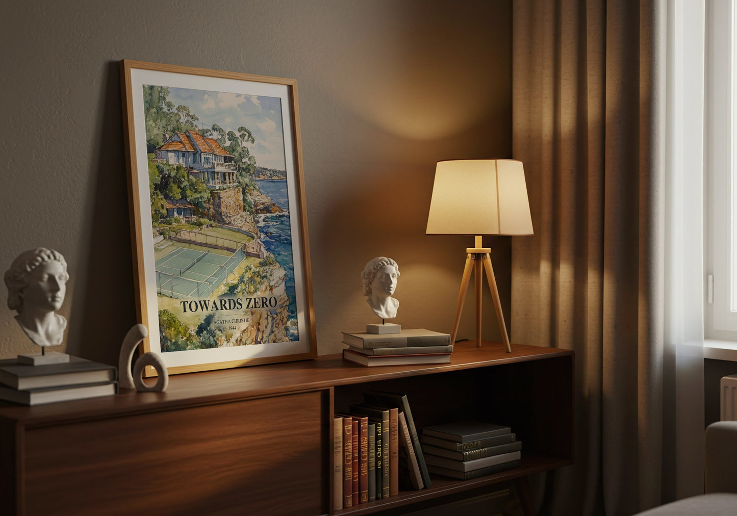 Towards Zero watercolour print on bookshelf – Agatha Christie fan gift