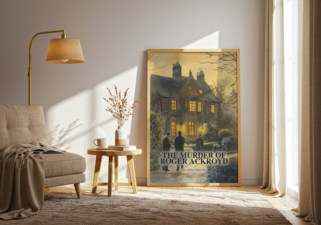 The Murder Of Roger Ackroyd watercolour print in frame leaning in hallway – mystery wall art (mockup)