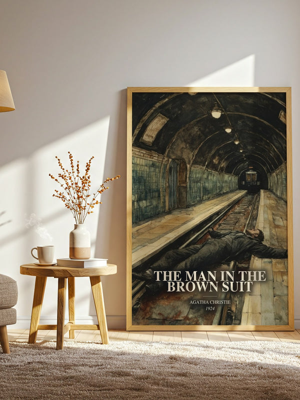 The Man In The Brown Suit watercolour print in frame leaning in hallway – mystery wall art