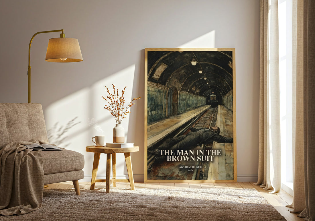 The Man In The Brown Suit watercolour print in frame leaning in hallway – mystery wall art (mockup)