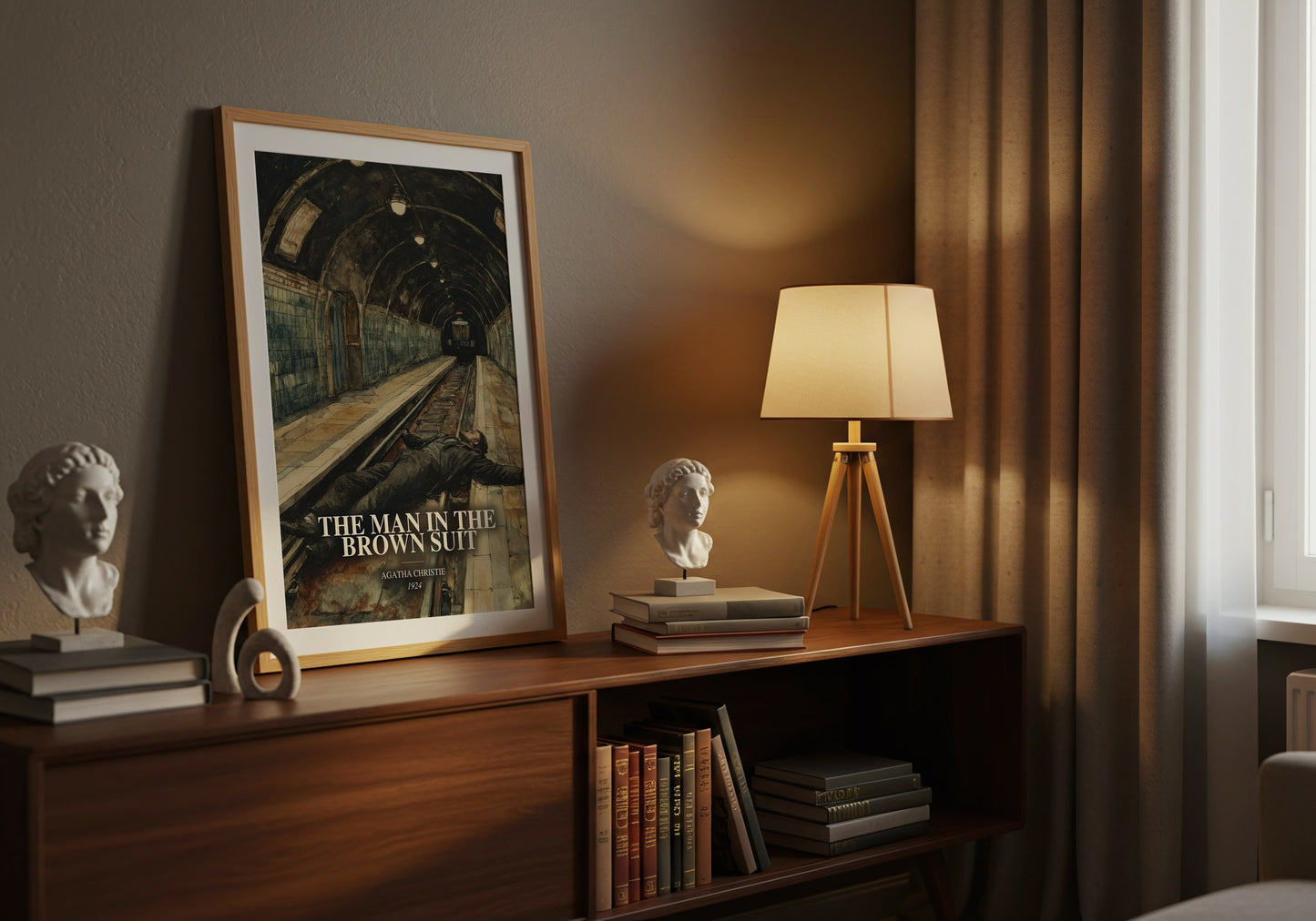 The Man In The Brown Suit watercolour print on bookshelf – Agatha Christie fan gift