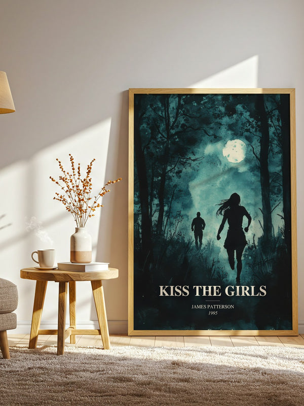 Kiss The Girls watercolour print in frame leaning in hallway – thriller wall art