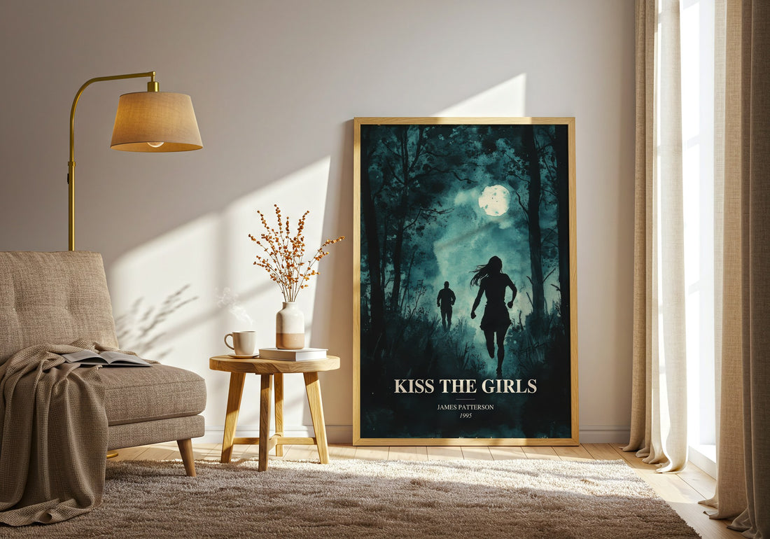 Kiss The Girls watercolour print in frame leaning in hallway – thriller wall art (mockup)