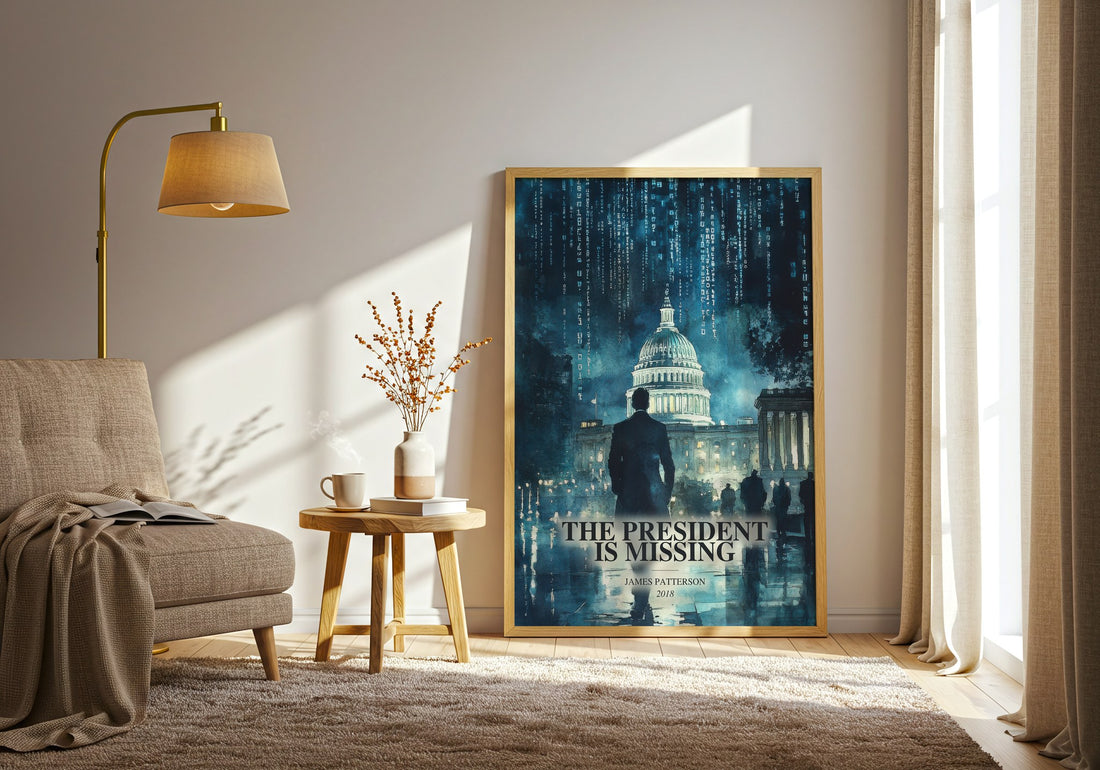 The President Is Missing watercolour print in frame leaning in hallway – thriller wall art (mockup)