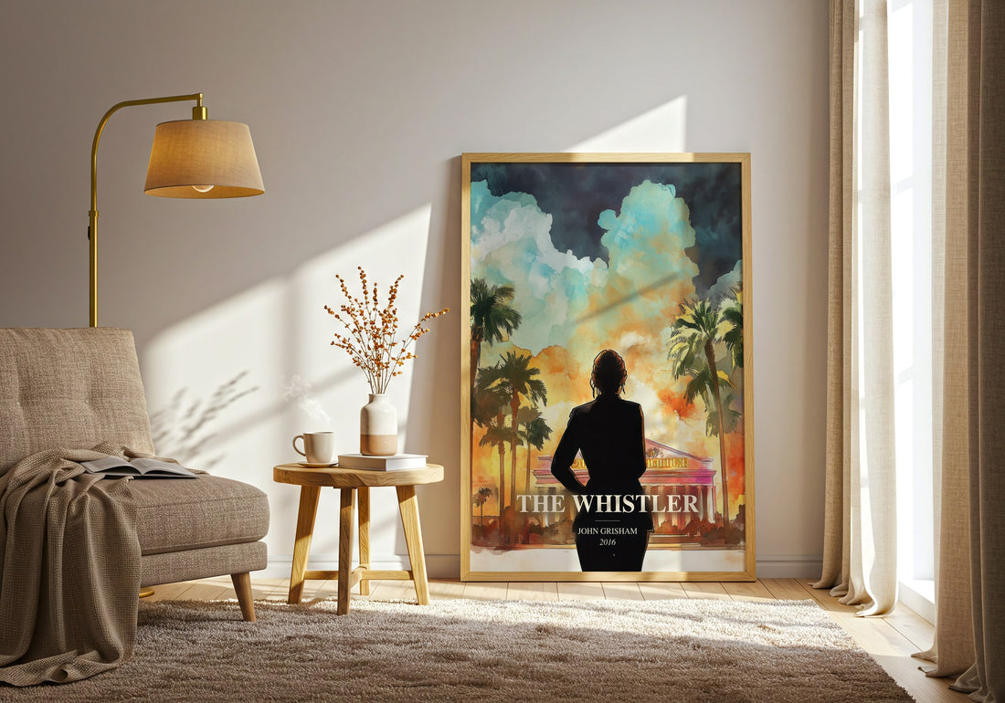 The Whistler watercolour print in frame leaning in hallway – thriller wall art (mockup)