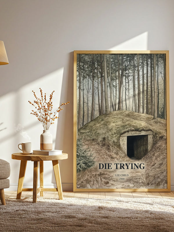 Die Trying watercolour print in frame leaning in hallway – thriller wall art