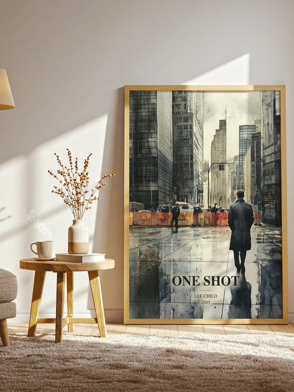 One Shot watercolour print in frame leaning in hallway – thriller wall art