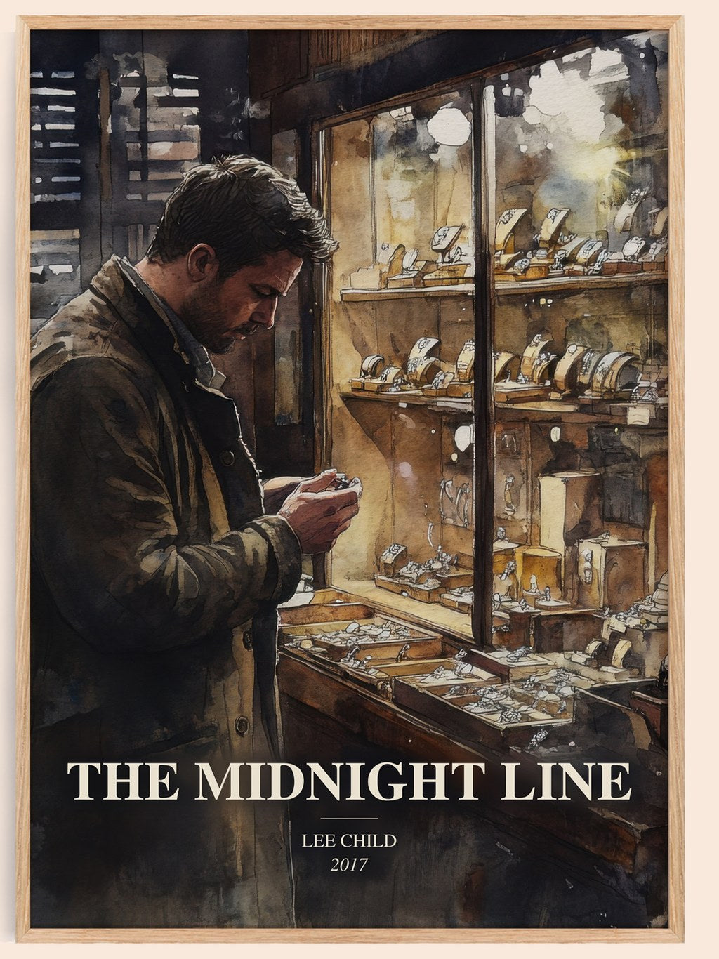 The Midnight Line watercolour book poster by Lee Child – framed literary art print