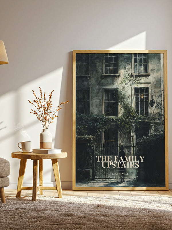 The Family Upstairs watercolour print in frame leaning in hallway – thriller wall art