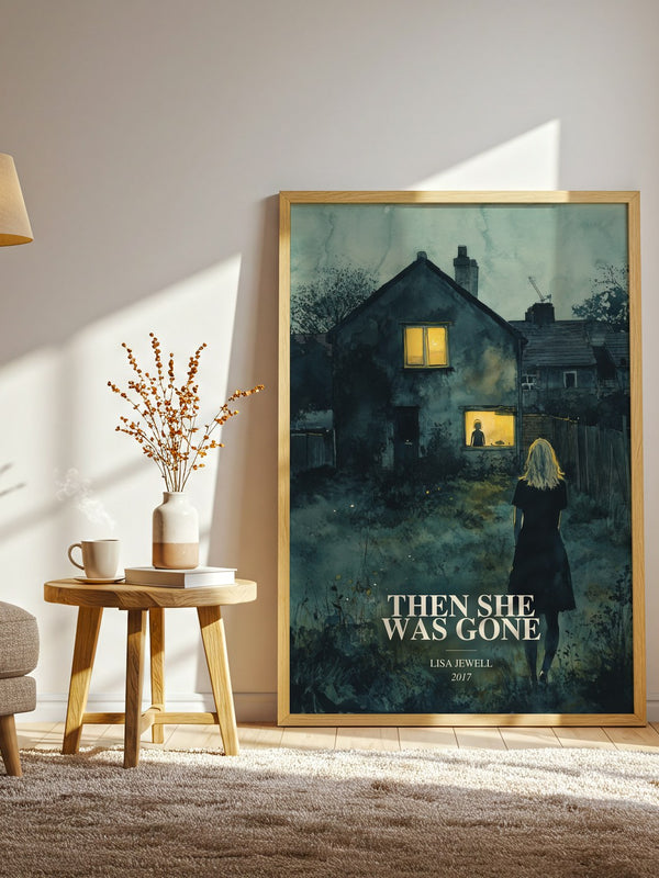 Then She Was Gone watercolour print in frame leaning in hallway – thriller wall art