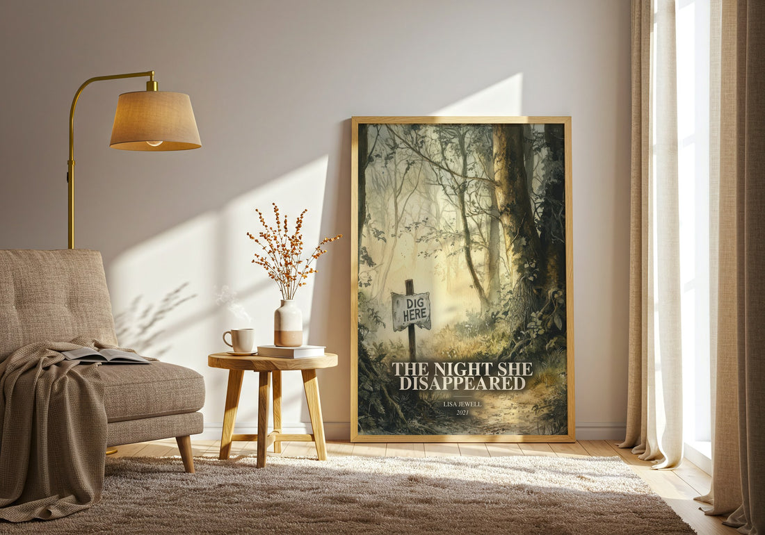 The Night She Disappeared watercolour print in frame leaning in hallway – mystery wall art (mockup)