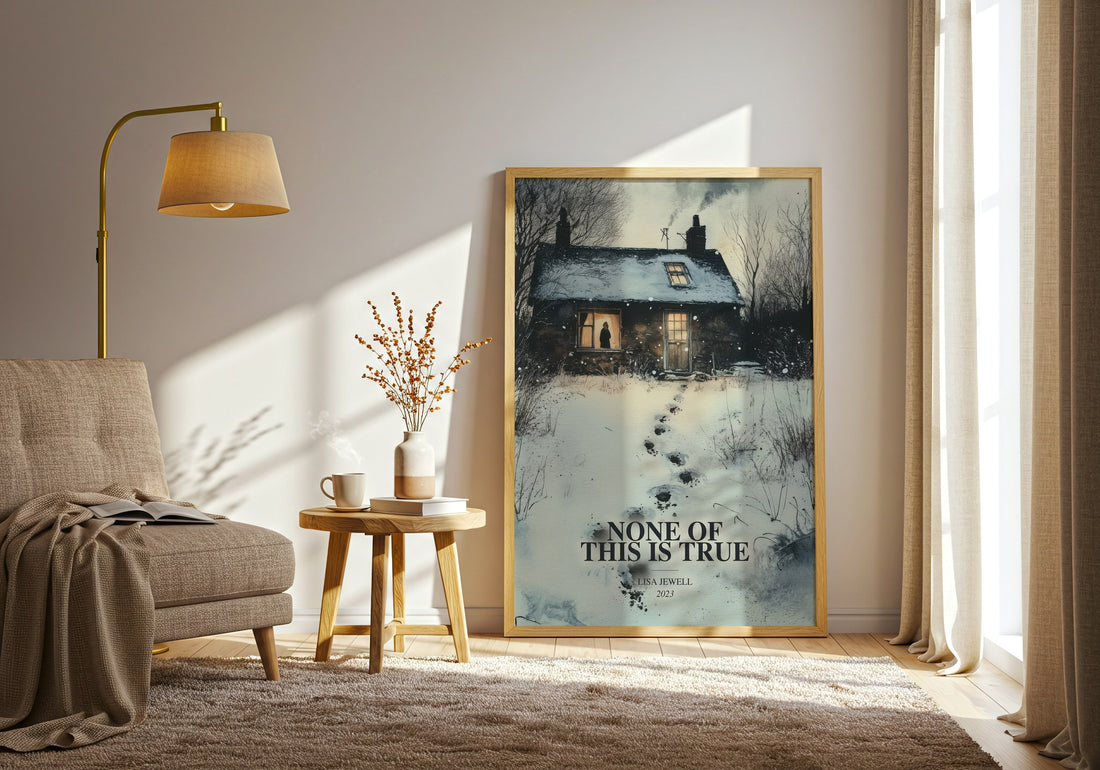 None Of This Is True watercolour print in frame leaning in hallway – thriller wall art (mockup)