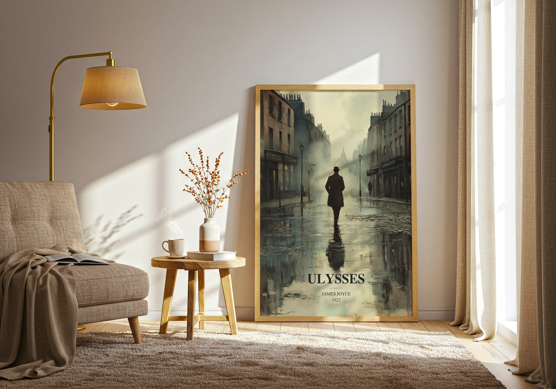 Ulysses watercolour print in frame leaning in hallway – classic literature wall art (mockup)
