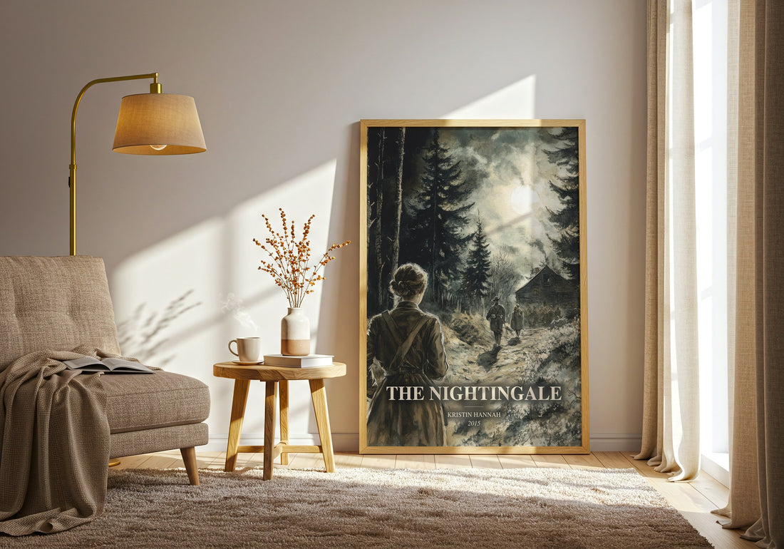 The Nightingale watercolour print in frame leaning in hallway – historical fiction wall art (mockup)