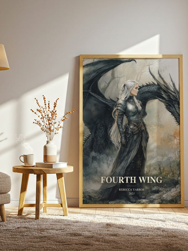 Fourth Wing watercolour print in frame leaning in hallway – fantasy wall art