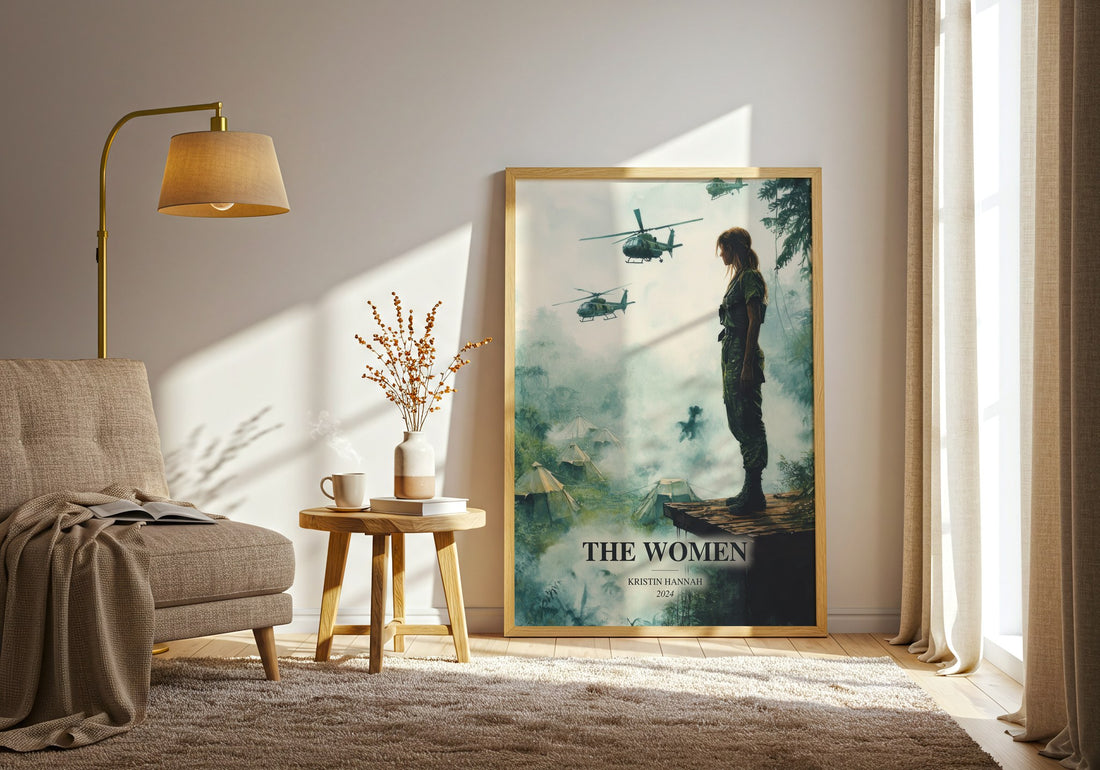 The Women watercolour print in frame leaning in hallway – historical fiction wall art (mockup)