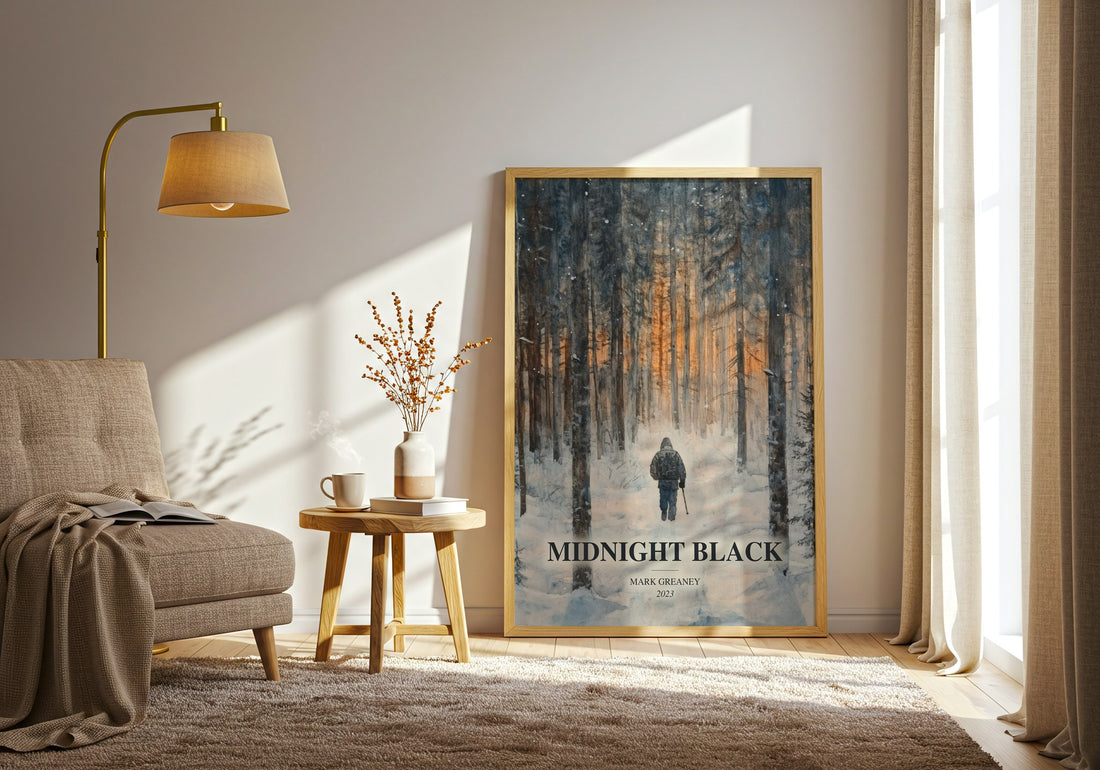 Midnight Black watercolour print in frame leaning in hallway – thriller wall art (mockup)