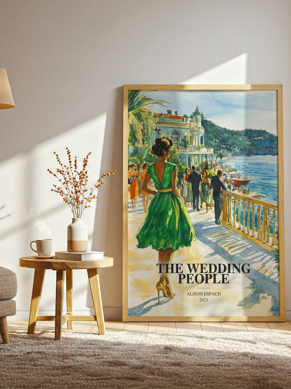 The Wedding People watercolour print in frame leaning in hallway – contemporary fiction wall art