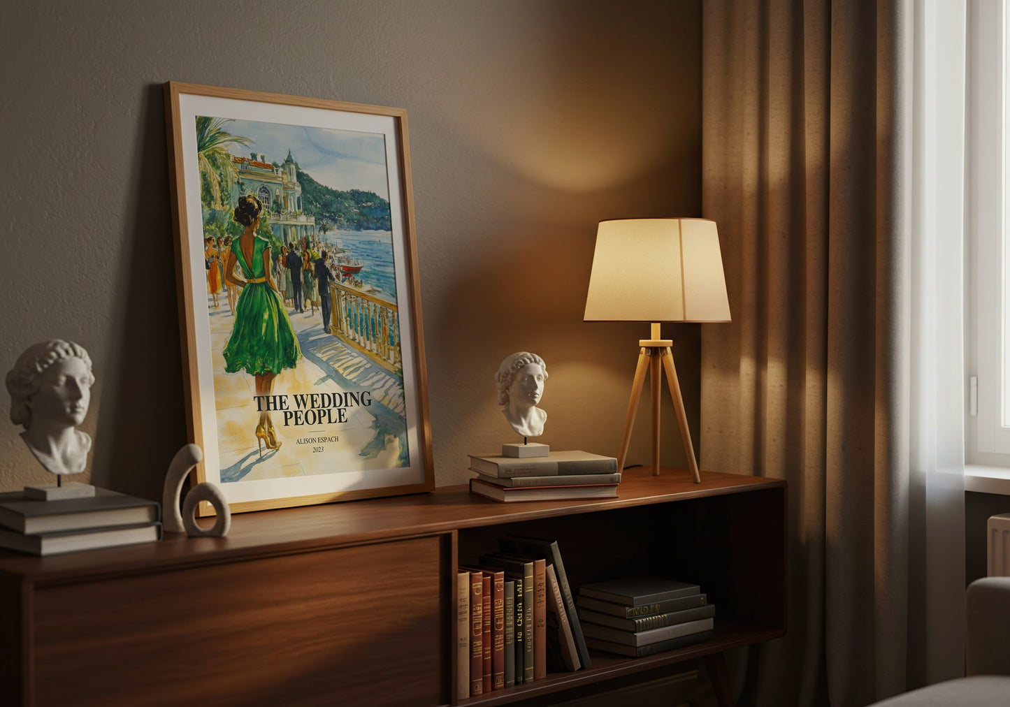 The Wedding People watercolour print on bookshelf – Alison Espach fan gift
