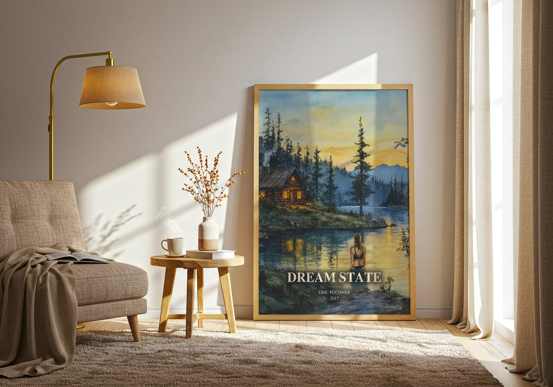 Dream State watercolour print in frame leaning in hallway – literary fiction wall art (mockup)