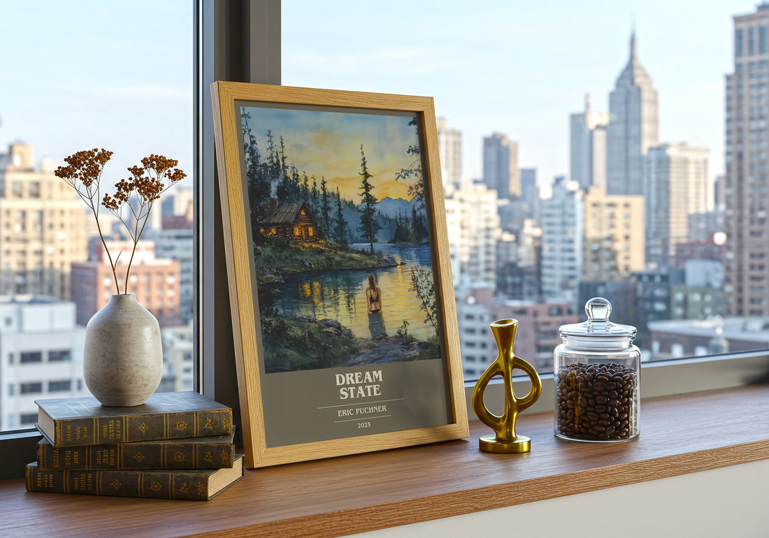 Dream State Book Cover Poster by Eric Puchner – framed print on a city-view windowsill