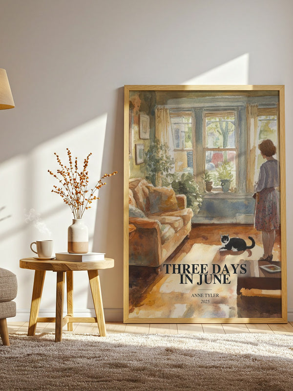 Three Days In June watercolour print in frame leaning in hallway – contemporary fiction wall art