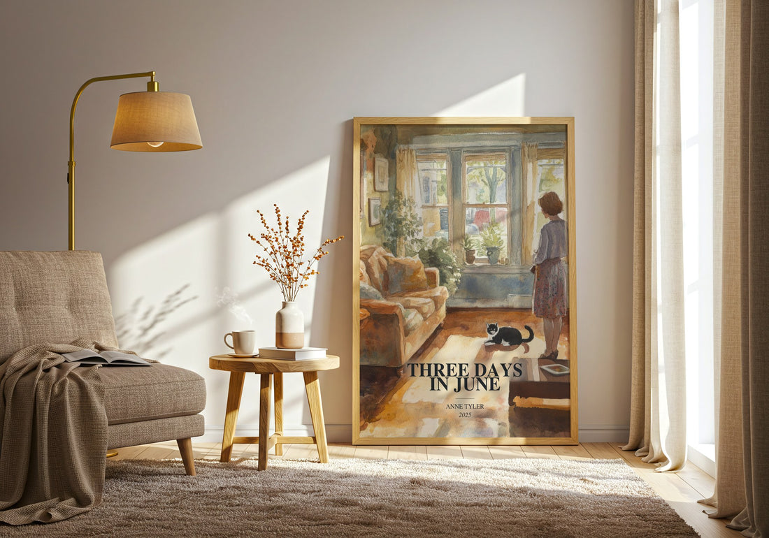 Three Days In June watercolour print in frame leaning in hallway – contemporary fiction wall art (mockup)
