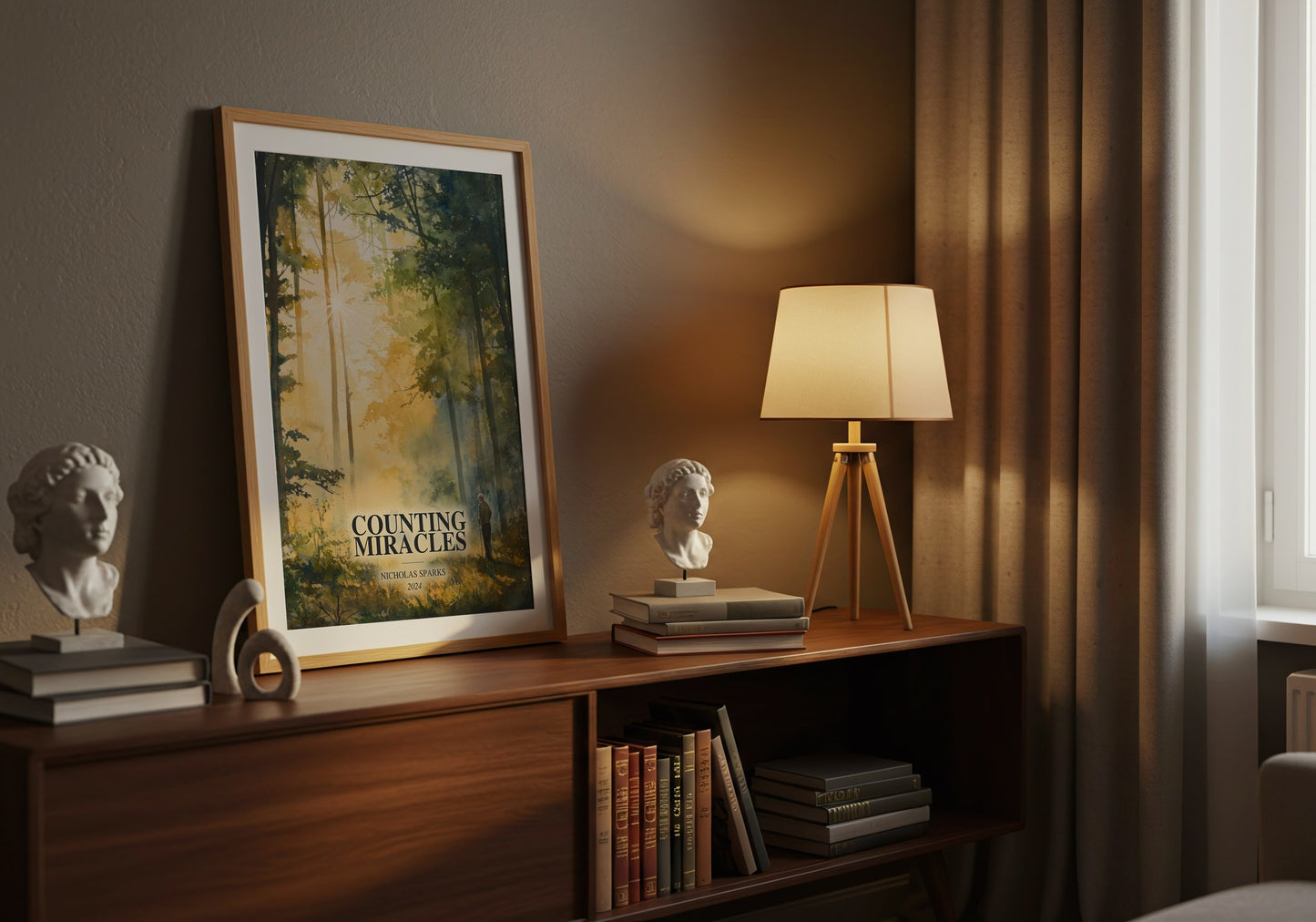 Counting Miracles watercolour print on bookshelf – Nicholas Sparks fan gift