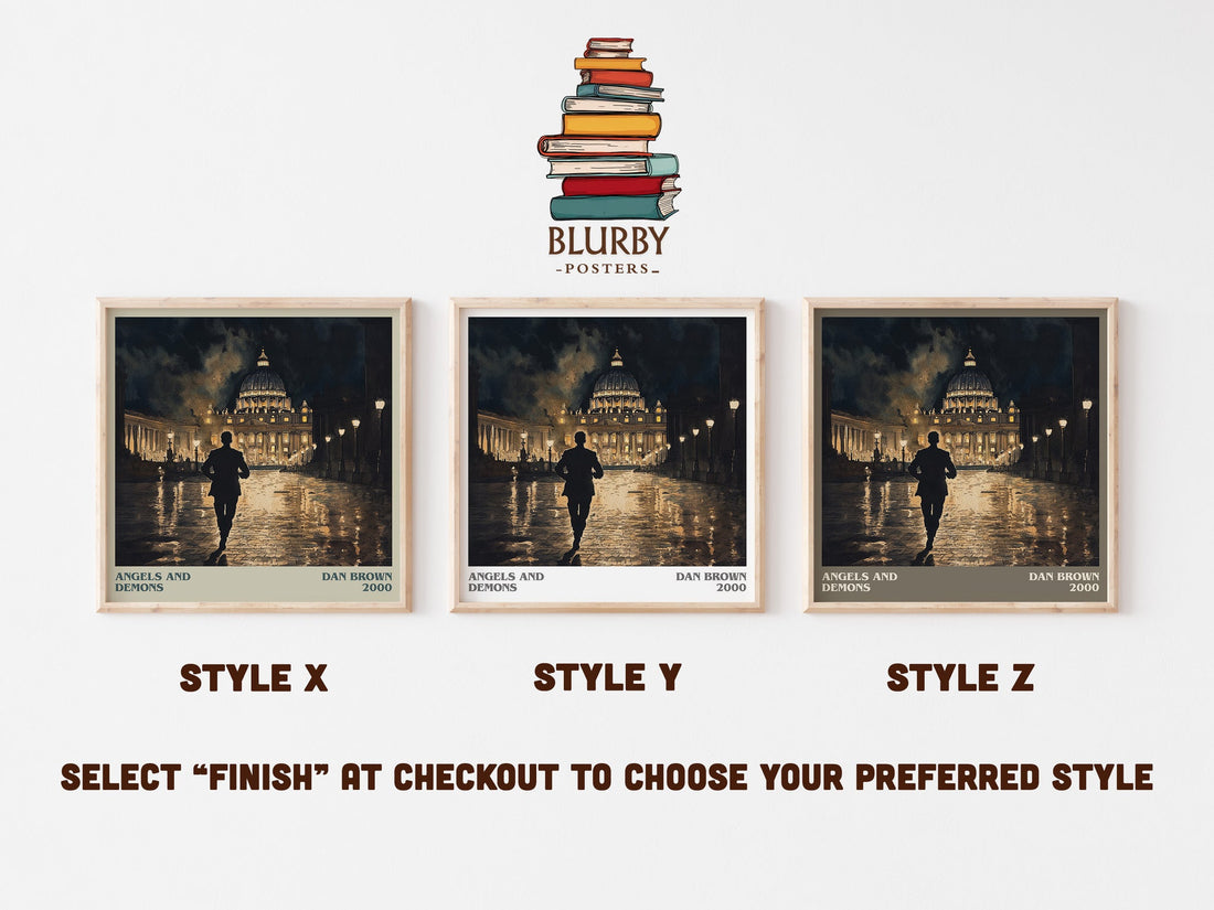 Angels And Demons literary print in frame leaning in hallway – thriller wall art (mockup)