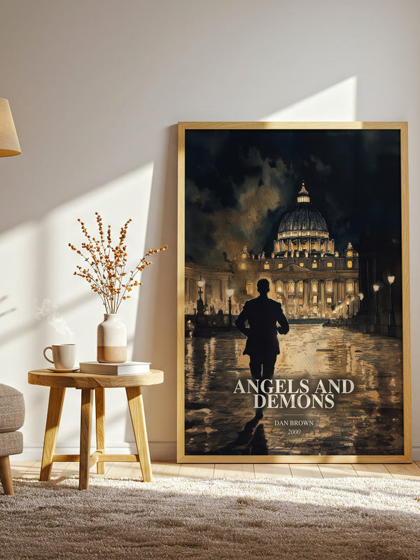 Angels And Demons watercolour print in frame leaning in hallway – thriller wall art