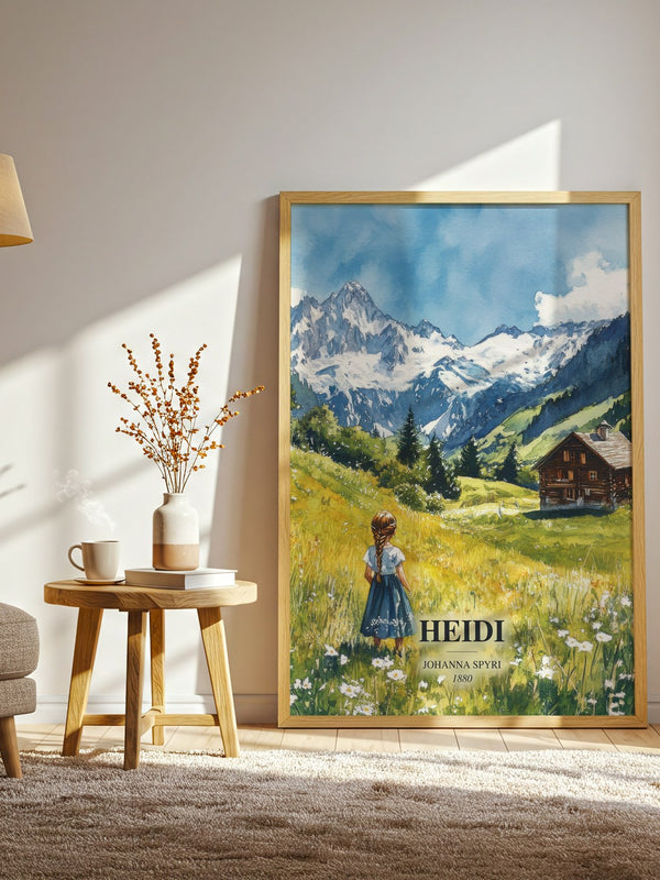 Heidi watercolour print in frame leaning in hallway – childrens wall art