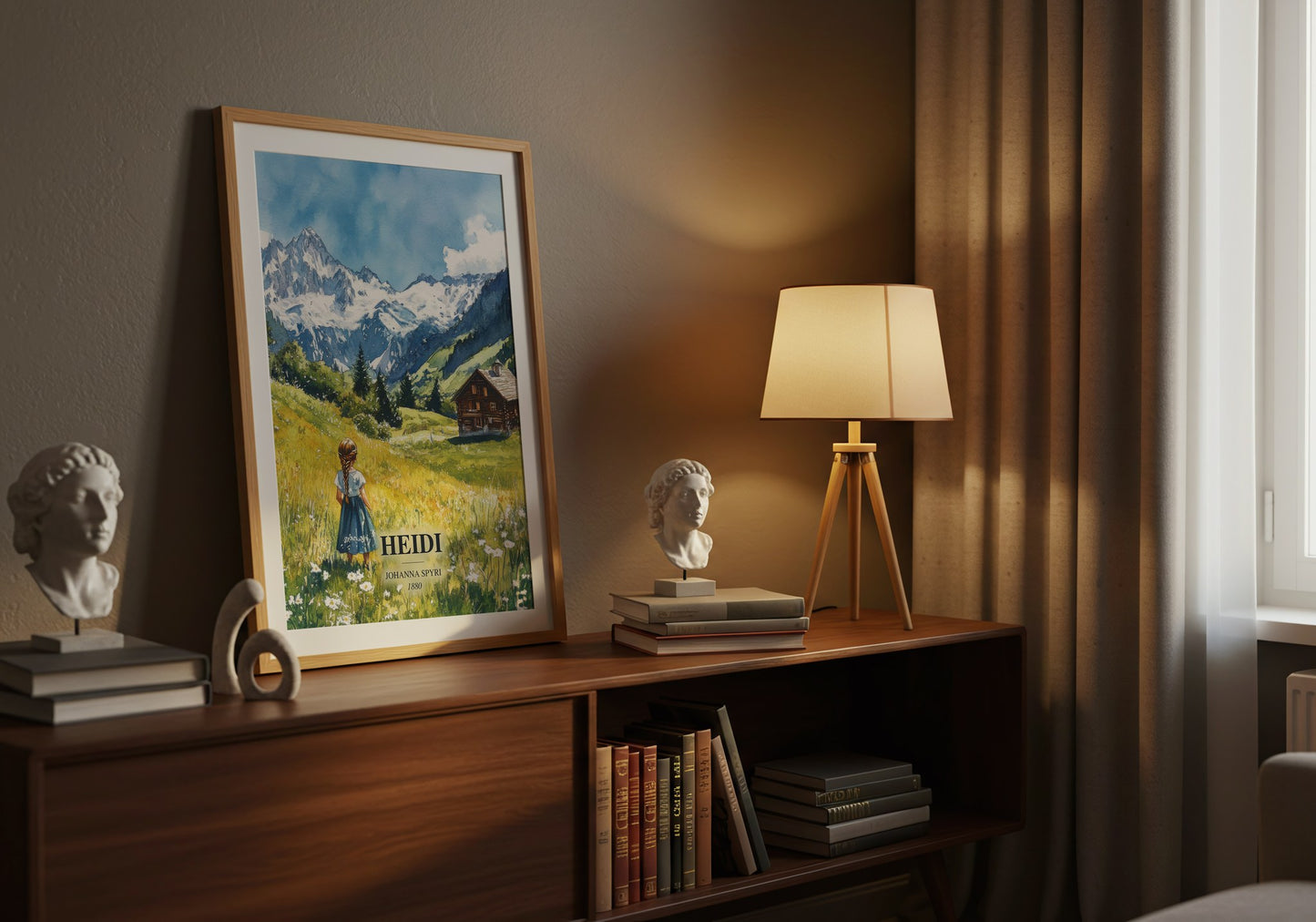 Heidi watercolour print on bookshelf – Johanna Spyri fan gift