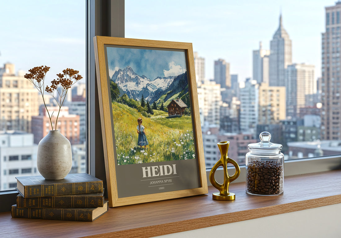 Heidi Book Cover Poster by Johanna Spyri – framed print on a city-view windowsill