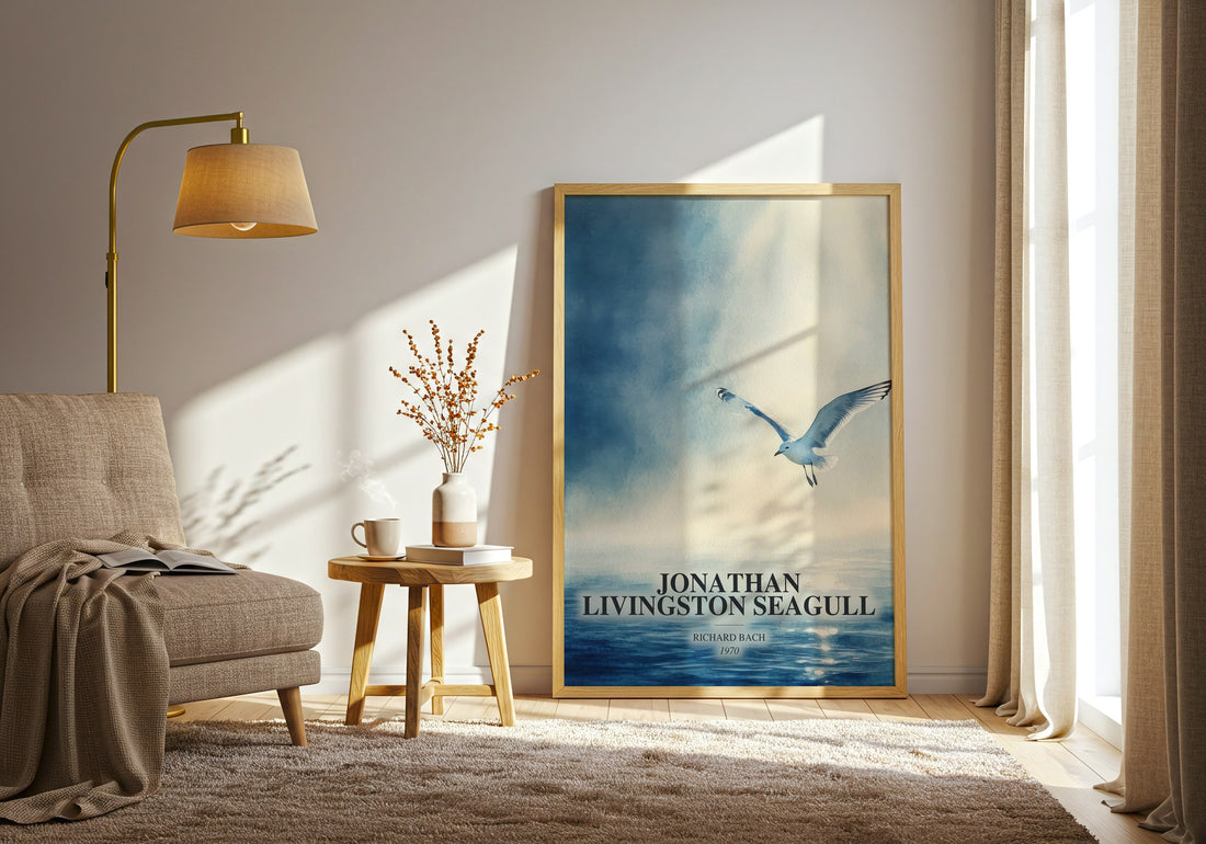 Jonathan Livingston Seagull watercolour print in frame leaning in hallway – contemporary fiction wall art (mockup)