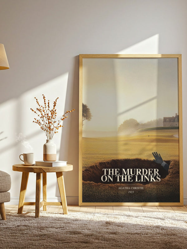 The Murder On The Links watercolour print in frame leaning in hallway – mystery wall art