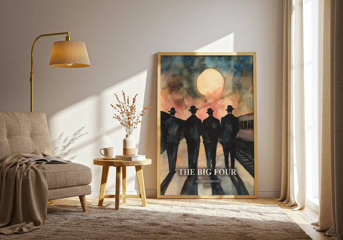 The Big Four watercolour print in frame leaning in hallway – mystery wall art (mockup)