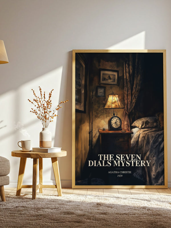 The Seven Dials Mystery watercolour print in frame leaning in hallway – mystery wall art